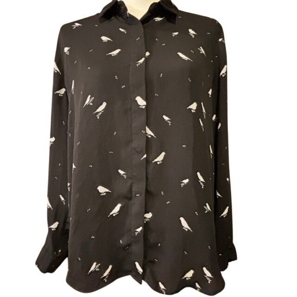 T Tahari Womens Small Black Bird Print Long Sleeve Button Down Blouse Shirt